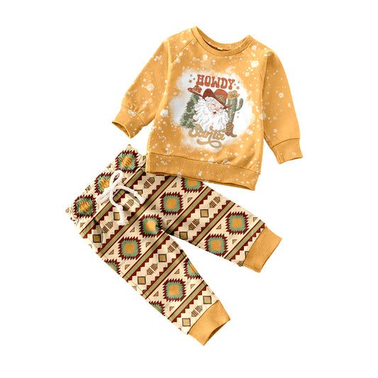 pre order BLP0227 Howdy Christmas Santa Claus Long Sleeves Yellow Pants Girls Clothes