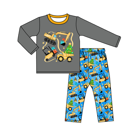 preorder BLP0234 Christmas Construction Long Sleeve Blue Pants Boys Set