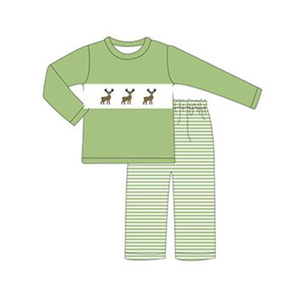 preorder BLP0237 Christmas Deer Green Long Sleeve Striped Pants Boys Set