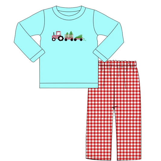 preorder BLP0248 Christmas Truck Tree Long Sleeve Red Pants Boys Set