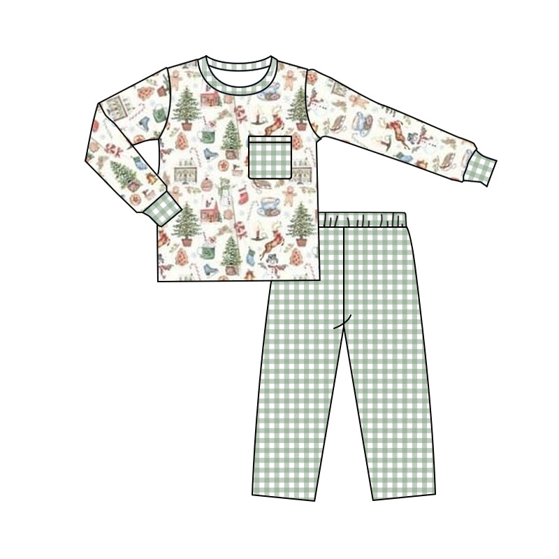 preorder BLP0278 Christmas tree gingerbread man green long sleeve pants boys set