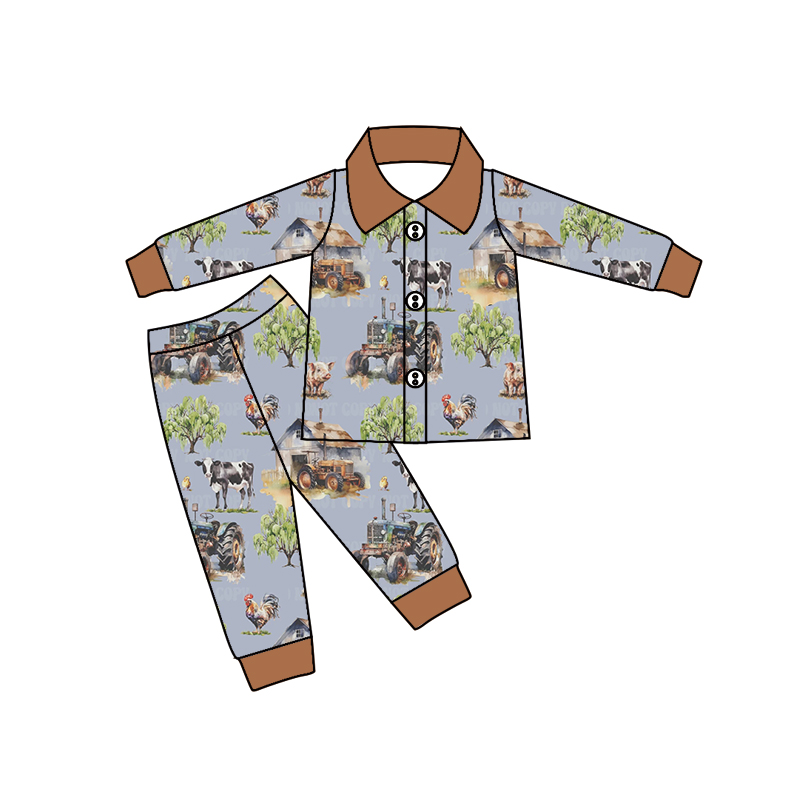 preorder BLP0315 Farm chicken tractor long sleeve pants boys pajamas