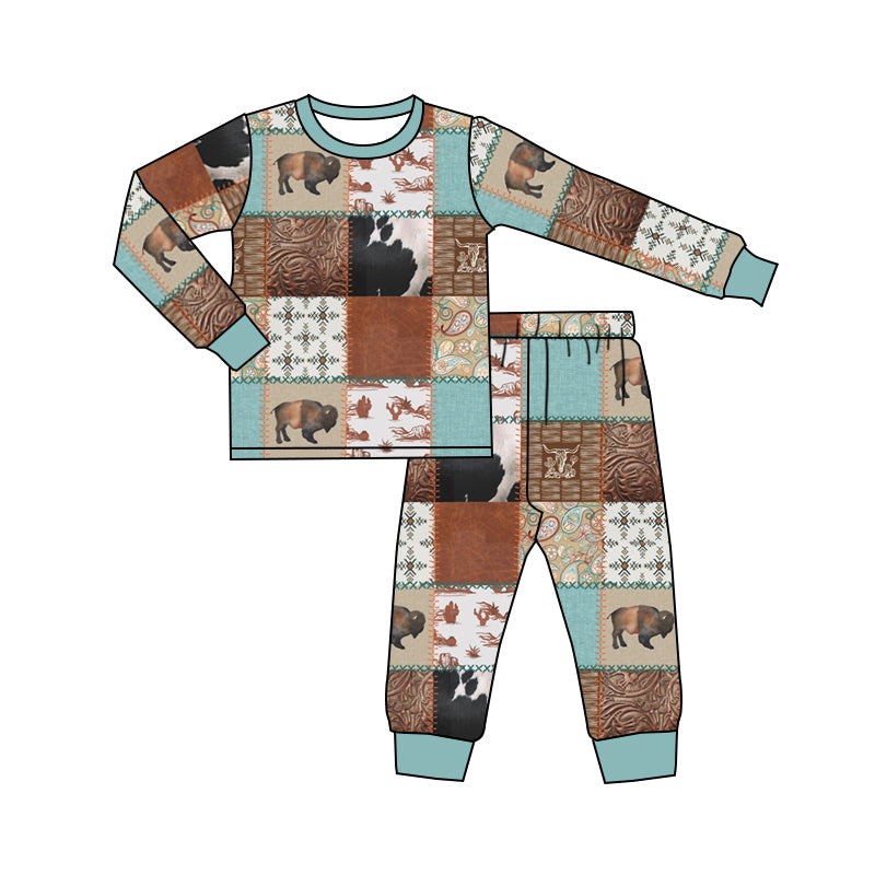 preorder BLP0384 Western cow paisley long sleeve boys pajamas