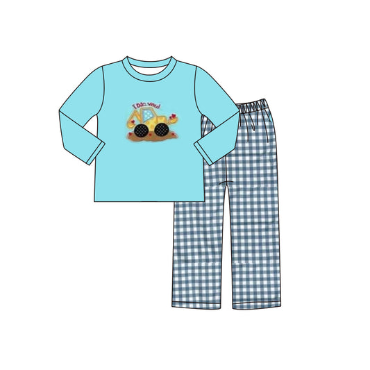 preorder BLP0406 Valentine's Day construction truck blue long sleeve black striped boys set