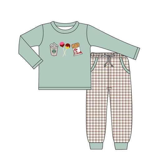 preorder BLP0409 Coffee candy fried chicken green long sleeve brown checkered pants boys set