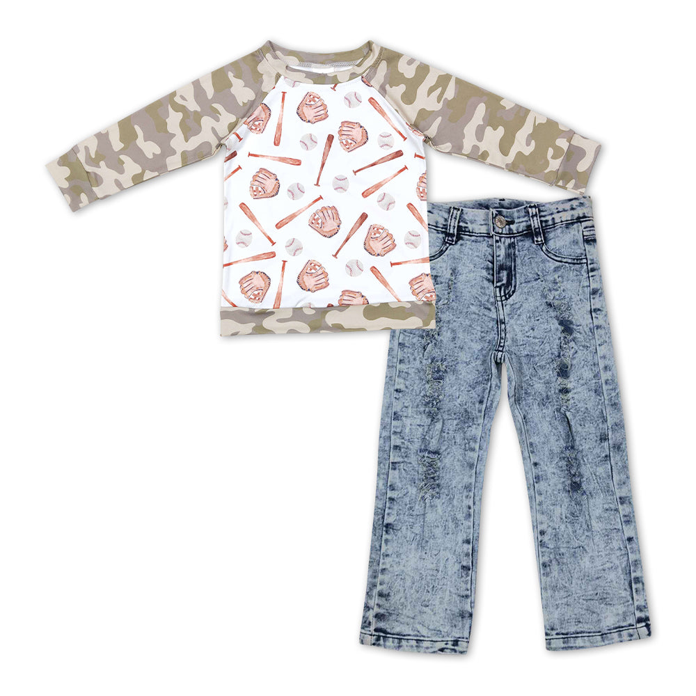 BLP0445 Play Baseball Camo Long Sleeve Blue Denim Pants Boys Set