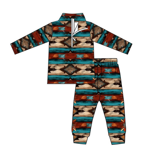 preorder BLP0447 Aztec Western Long Sleeve Zipper Pullover Pants Boys Set