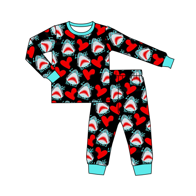 preorder BLP0451 Baby Boy Heart Baby Shark Love Long Sleeve Boys Pajamas Set Kids Valentine's Day Clothes