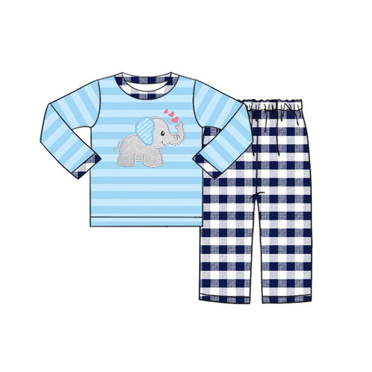 preorder BLP0454 Boy Heart Elephant Blue Long Sleeve Checkered Pants Boys Set Kids Valentine's Day Clothes