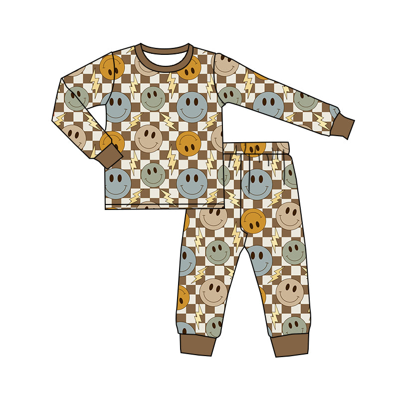 preorder BLP0463 colorful smile flash brown checkered long sleeve pants boys pajamas