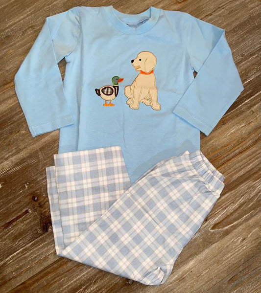 preorder BLP0465 mallard duck dog blue long sleeve checkered pants boys set