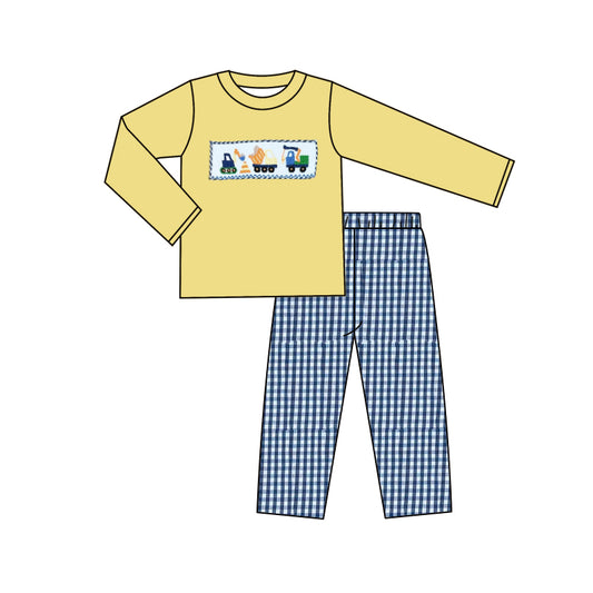 preorder BLP0466 Construction truck yellow long sleeve navy blue checkered pants boys set