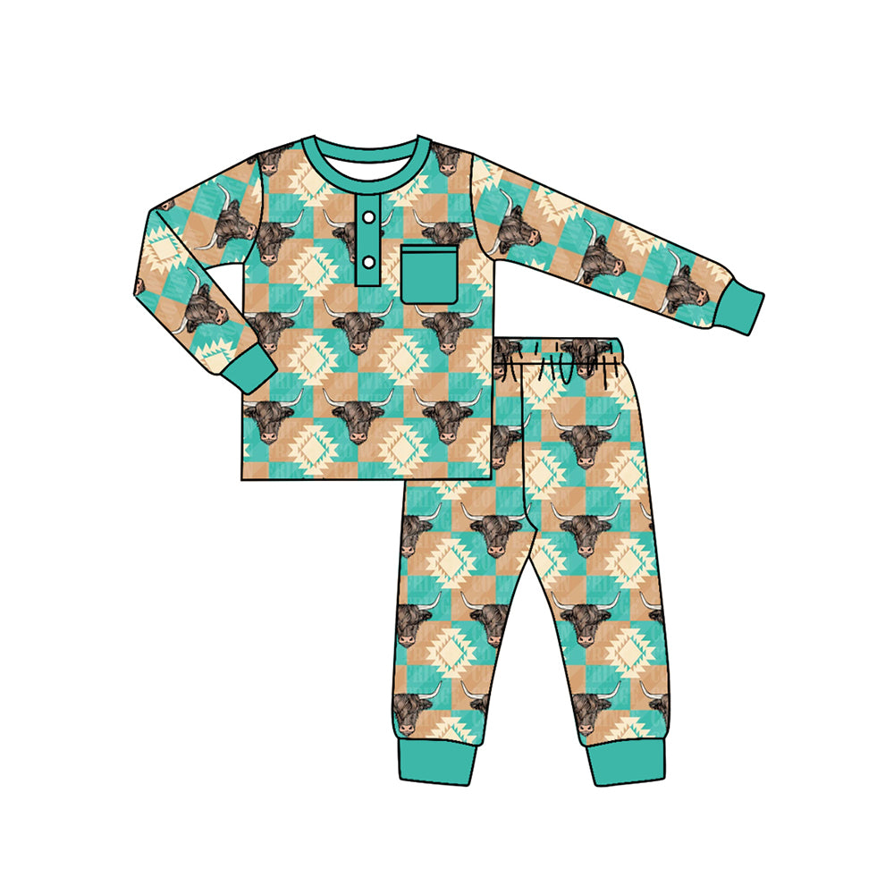 preorder BLP0498 Western cow Aztec green checkered long sleeve pants boys pajamas