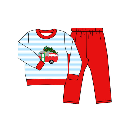 preorder BLP0517 Christmas tree bus blue striped long sleeve red pants boys set