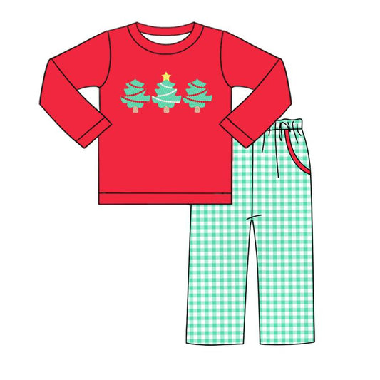 preorder BLP0555 Merry Christmas tree red long sleeve green checkered pants boys set