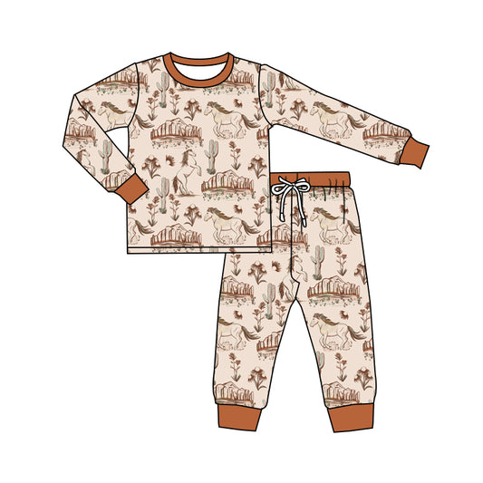 Preorder BLP0556 Western horse cactus brown long sleeve pants boys pajamas