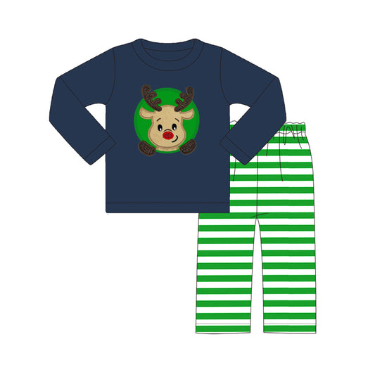 preorder BLP0582 Christmas deer navy blue long sleeve green striped pants boys set