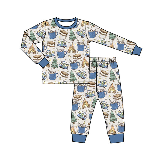 preorder BLP0586 camping bus cake fire blue long sleeve pants boys pajamas