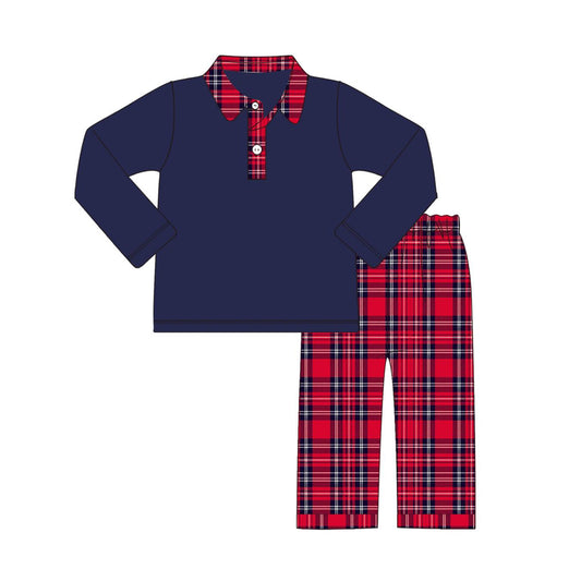 preorder BLP0588 Christmas navy blue long sleeve red checkered pants boys set