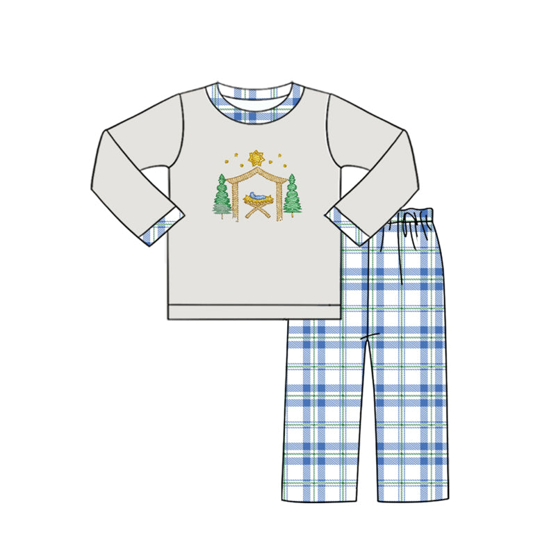 preorder BLP0594 The Nativity Story grey long sleeve blue checkered pants boys set