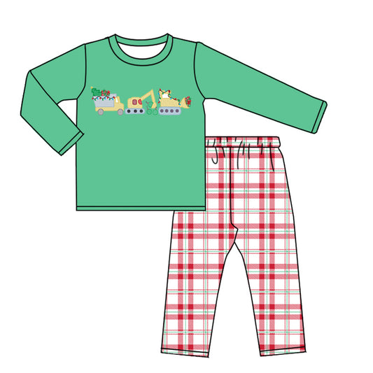 preorder BLP0598 Christmas construction truck red long sleeve red checkered pants boys set