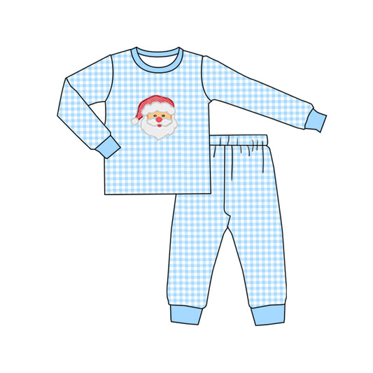preorder BLP0605 Christmas Santa blue checkered long sleeve pants boys pajamas