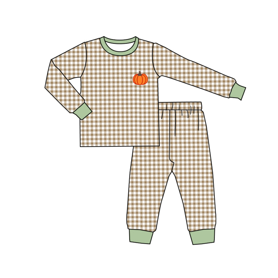 preorder BLP0608 Autumn pumpkin khaki checkered long sleeve pants boys pajamas