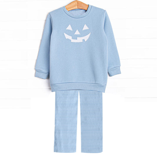 preorder BLP0610 Halloween smile pumpkin blue long sleeve pants boys set