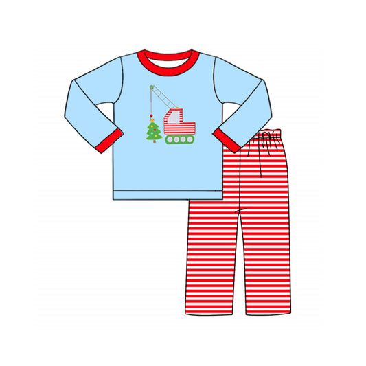 preorder BLP0612 Christmas tree construction truck red long sleeve red striped pants boys set