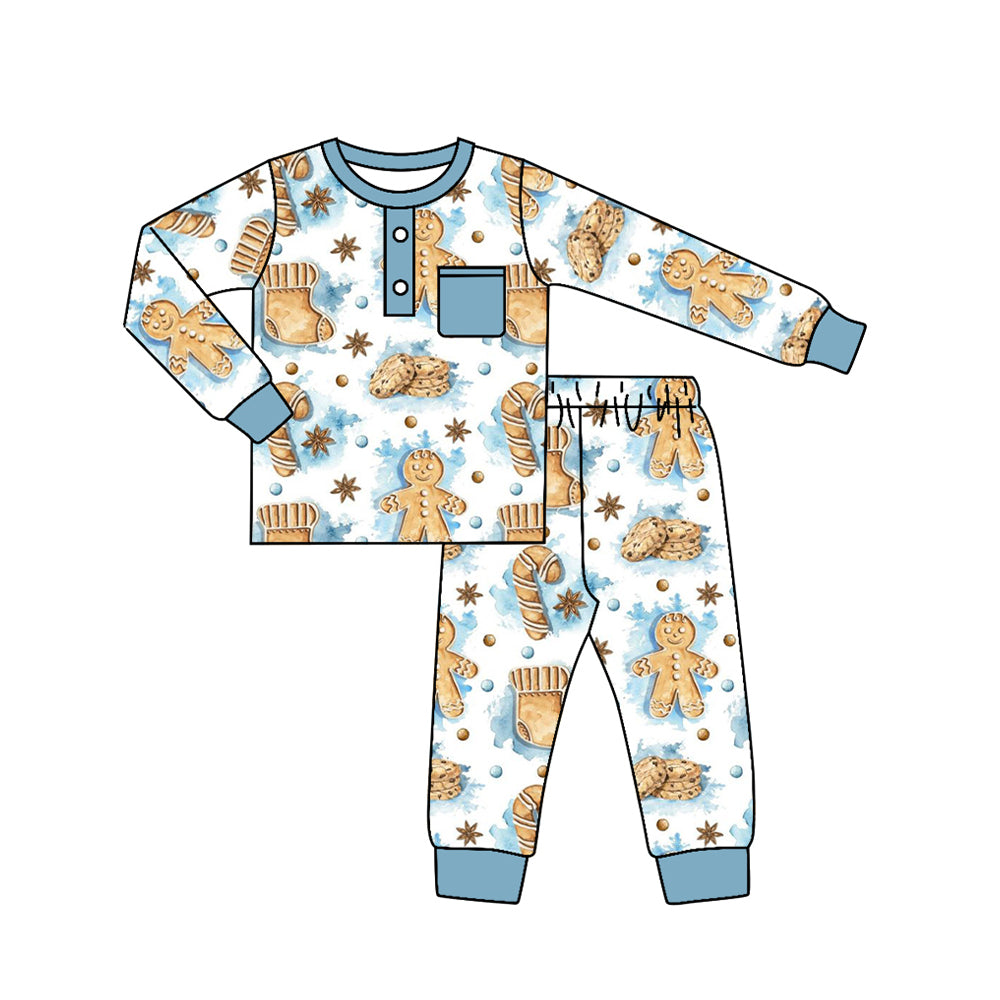 preorder BLP0619 Christmas gingerbread man blue long sleeve pants boys pajamas