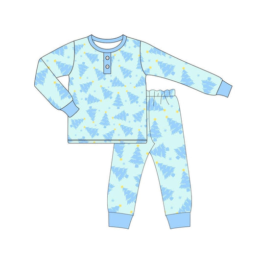 preorder BLP0628 Christmas tree blue long sleeve pants boys pajamas