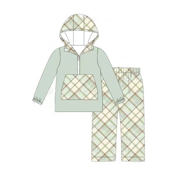 preorder BLP0629 light green pocket hoodie checkered pants boys set