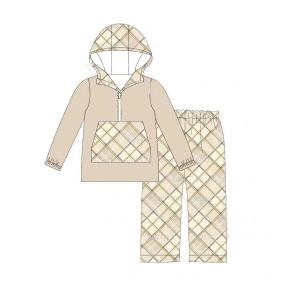 preorder BLP0630 light khaki pocket hoodie checkered pants boys set
