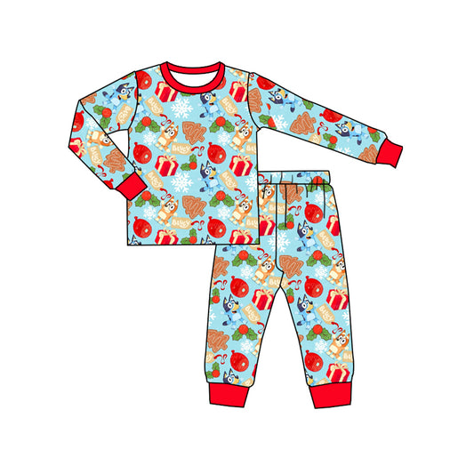 preorder BLP0641 Christmas Holly Berry blue dog long sleeve pants boys pajamas