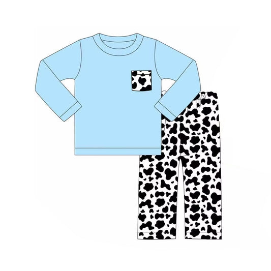 preorder BLP0644 blue pocket long sleeve cow print pants boys set