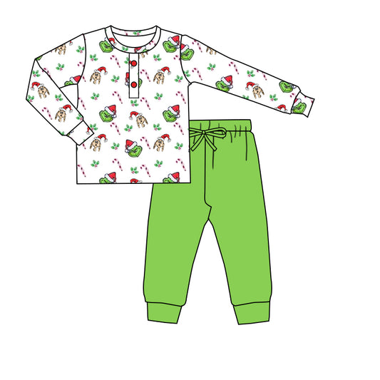 preorder BLP0646 Christmas cane candy green face long sleeve green pants boys pajamas