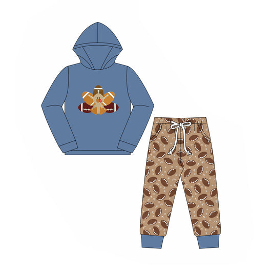 preorder BLP0648 Thanksgiving turkey football blue long sleeve hoodie pants boys set