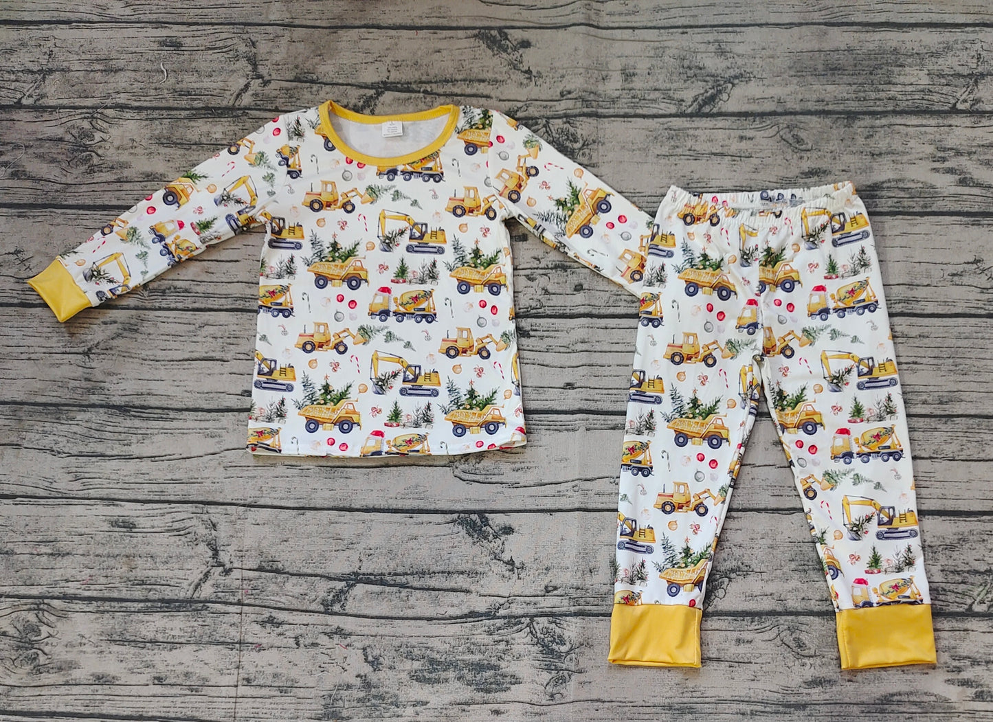 preorder BLP0649 Christmas construction truck tree yellow long sleeve pants boys pajamas