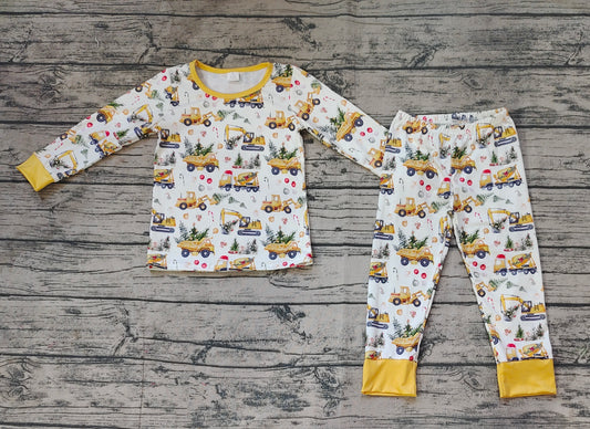 preorder BLP0649 Christmas construction truck tree yellow long sleeve pants boys pajamas