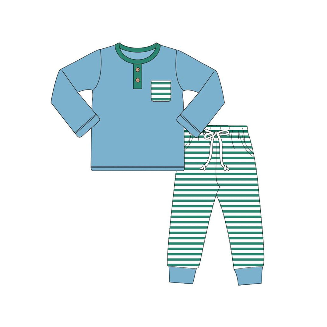 preorder BLP0666 blue pocket long sleeve top green striped pants boys set