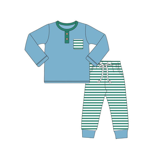 preorder BLP0666 blue pocket long sleeve top green striped pants boys set