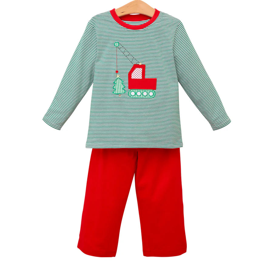 preorder BLP0680 Christmas construction truck tree green striped long sleeve red pants boys set
