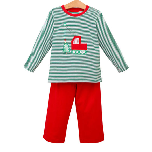 preorder BLP0680 Christmas construction truck tree green striped long sleeve red pants boys set