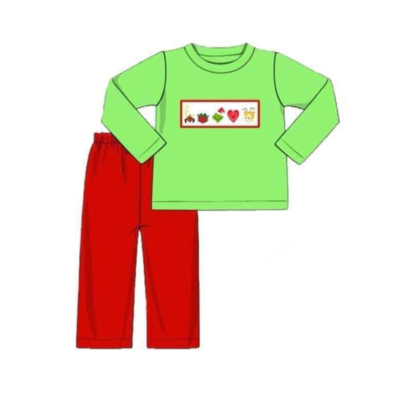 preorder BLP0691 Christmas green face long sleeve red pants boys set