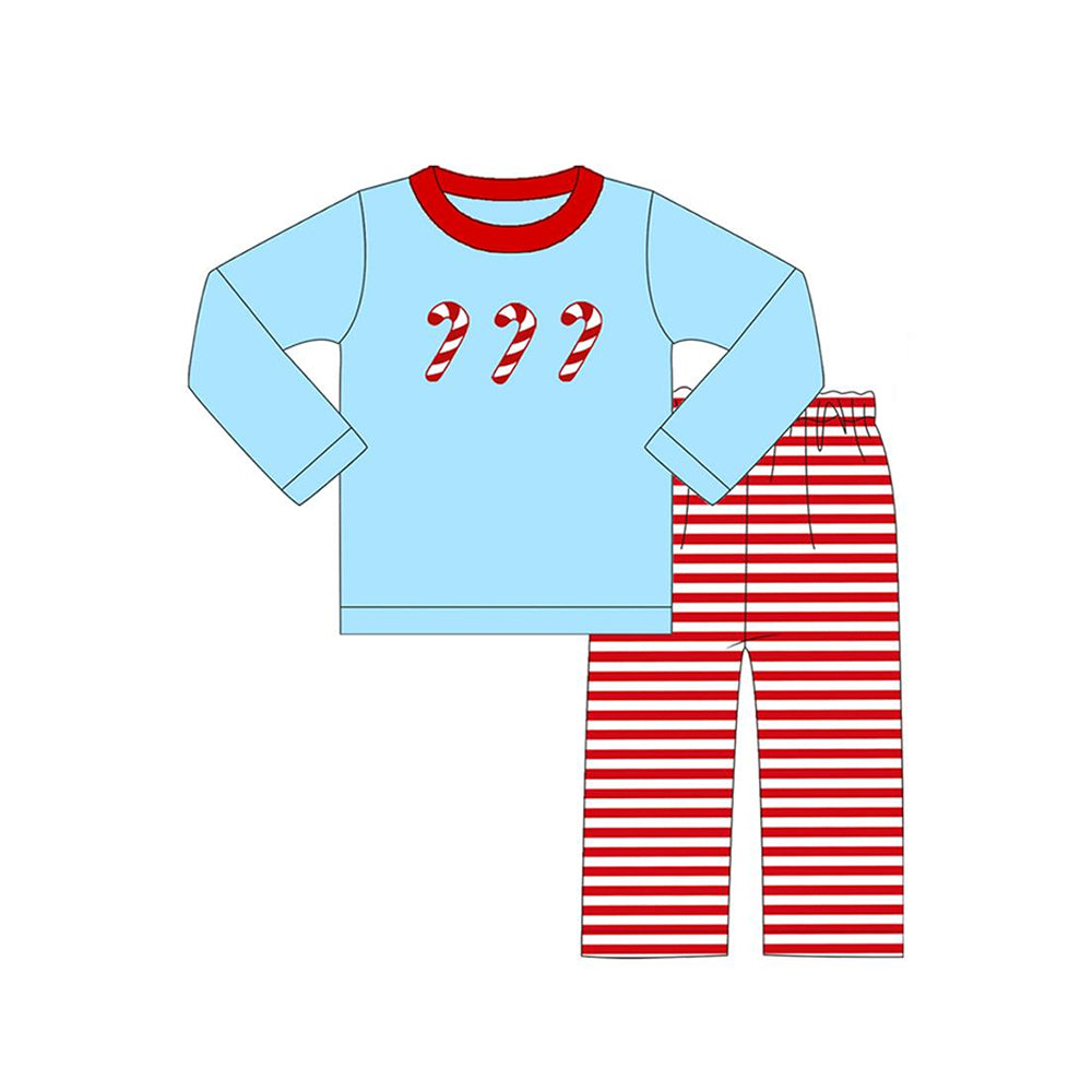 preorder BLP0697 Christmas cane candy blue long sleeve red steiped pants boys set