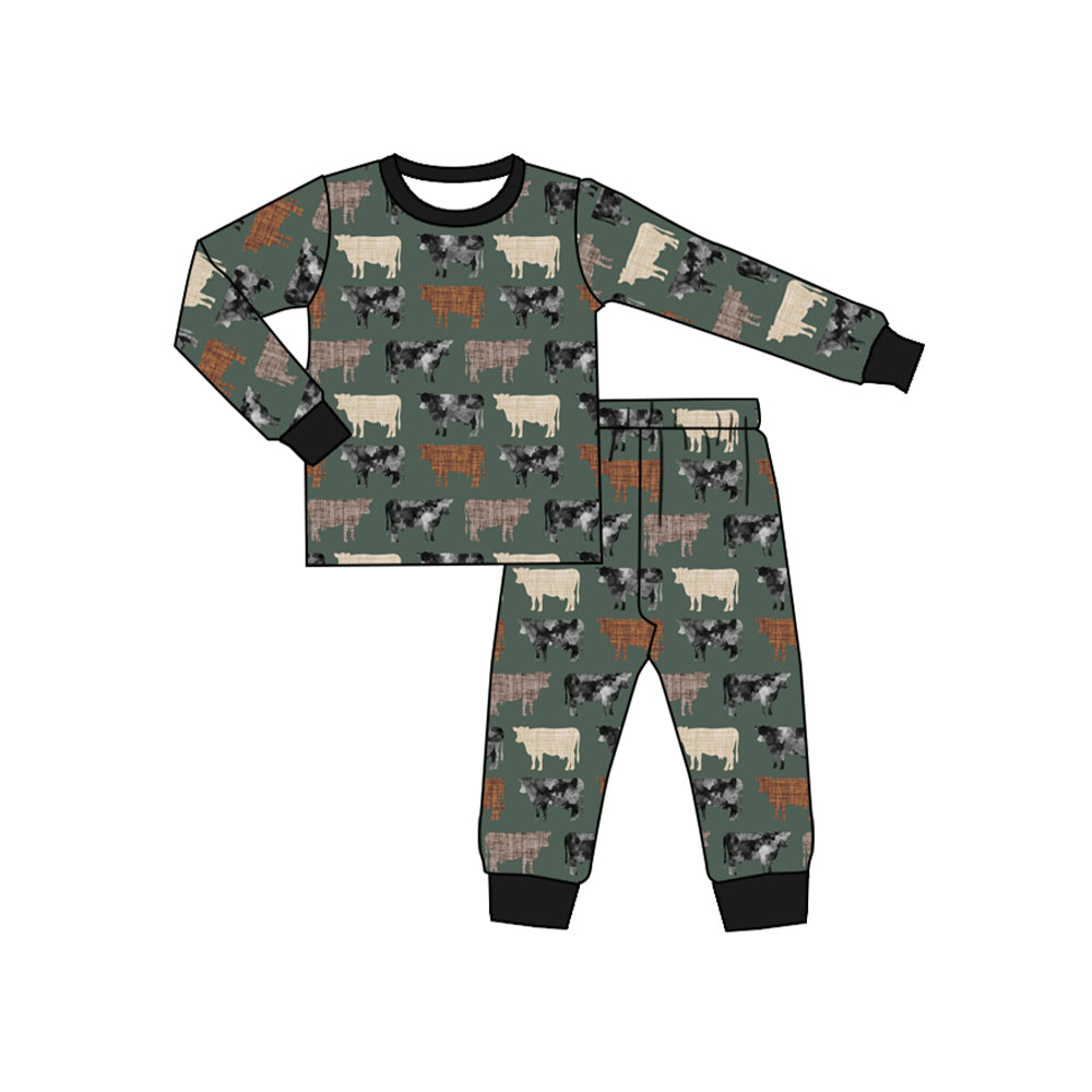 preorder BLP0710 farm cow dark green long sleeve pants boys pajamas
