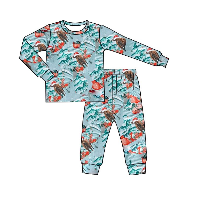 preorder BLP0714 Christmas highland cow hat tree blue long sleeve pants boys pajamas