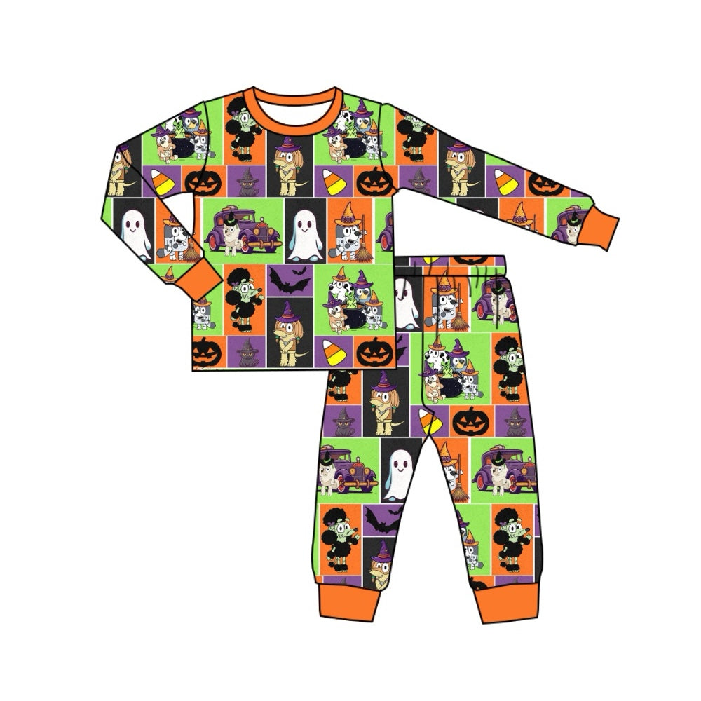 preorder BLP0729 Halloween spooky blue dog green orange checkered long sleeve pants boys pajamas