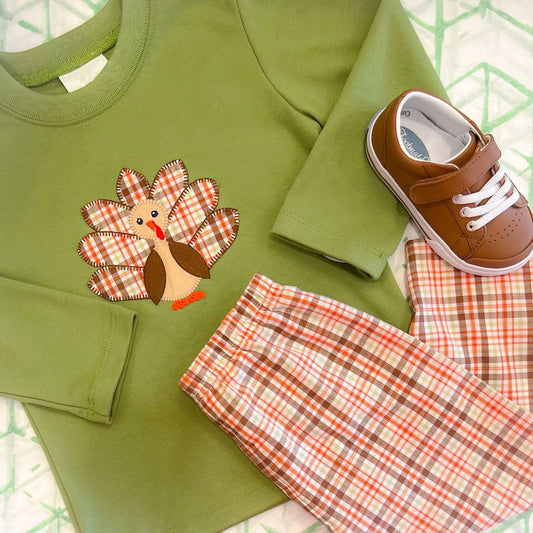 preorder BLP0731 Thanksgiving turkey green long sleeve checekred pants boys set