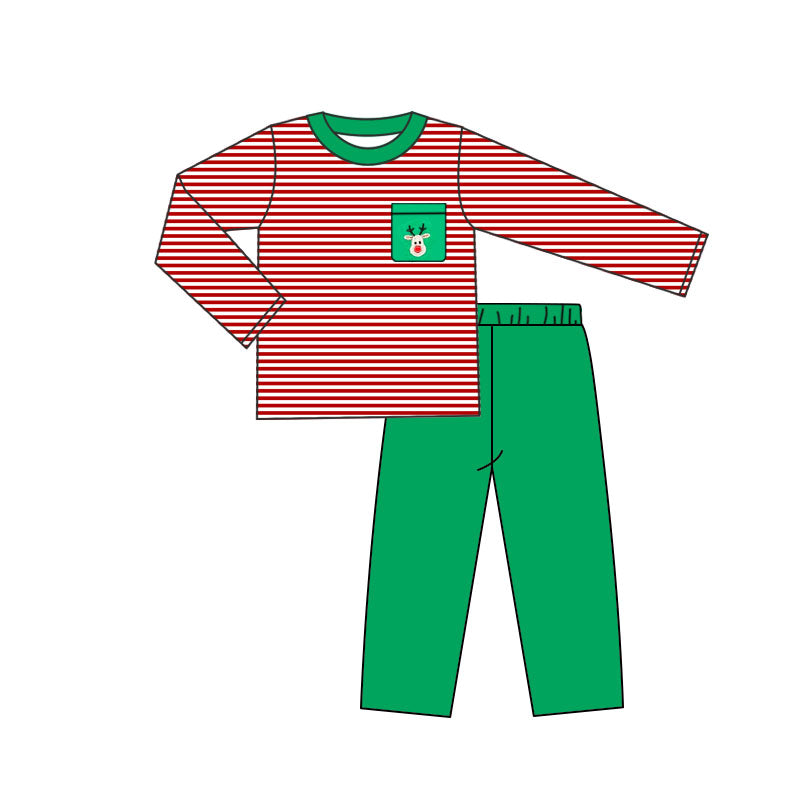 preorder BLP0734 Christmas deer red striped pocket long sleeve green pants boys set